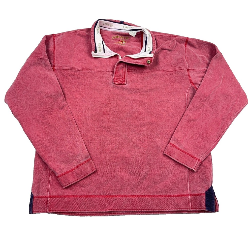 Vintage Orvis Sweater Men Large Faded Red Pullover Canvas 1/4 Zip Rugby Adult *‎